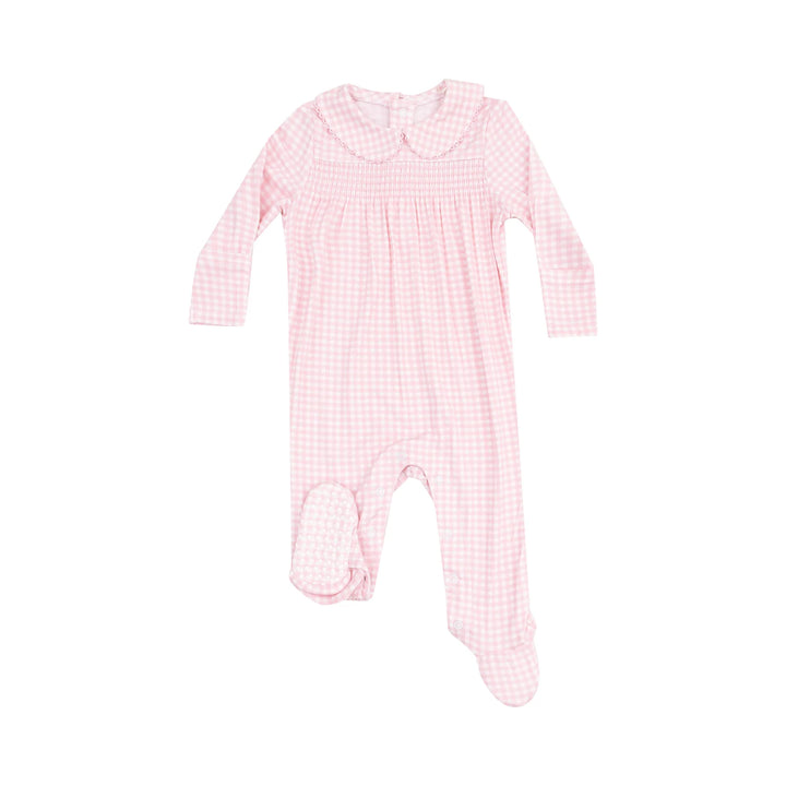 Mini Gingham - Pink Smocked Peter Pan Snap Footie