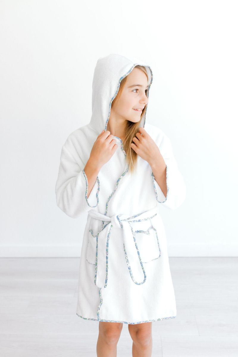 Bathrobe - White w/ Hood & Blue Floral Trim