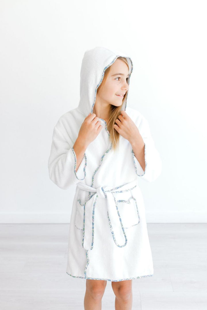 Bathrobe - White w/ Hood & Blue Floral Trim