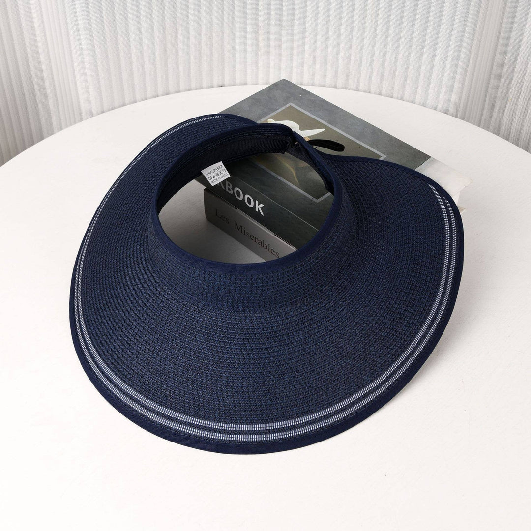 Foldable Striped Trim Wide Brim Straw Sun Visor