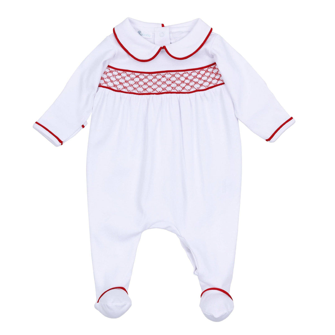 Red and White Essentials Smocked Girl Footie: Newborn