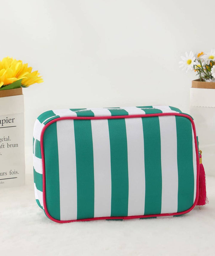 Color-Blocked Striped Pouch Bow Tassel Zipper Makeup Bag