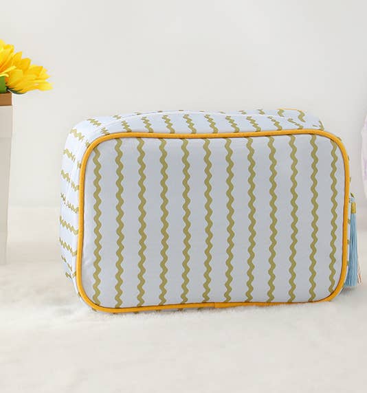 Color-Blocked Striped Pouch Bow Tassel Zipper Makeup Bag