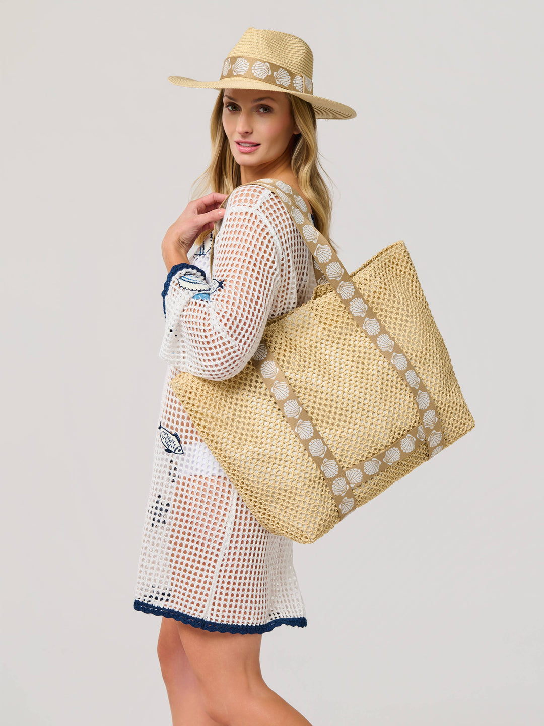 SHELLY TOTE AND HAT SET,TAN