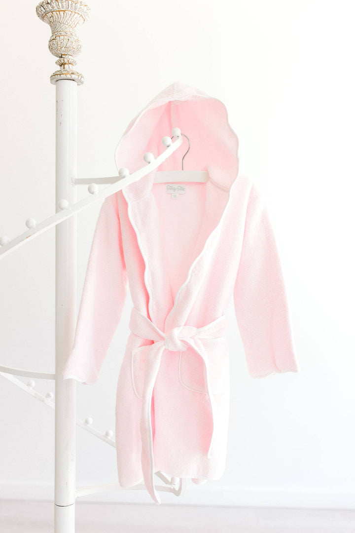 Bathrobe - Pink Terry with Hood & White Scalloped Trim