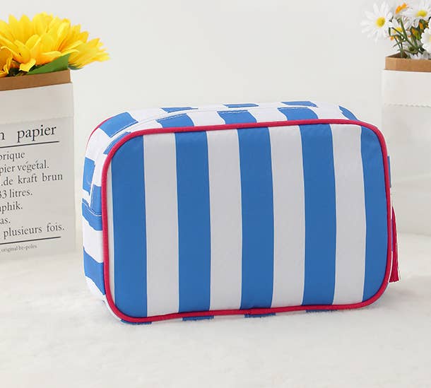 Color-Blocked Striped Pouch Bow Tassel Zipper Makeup Bag