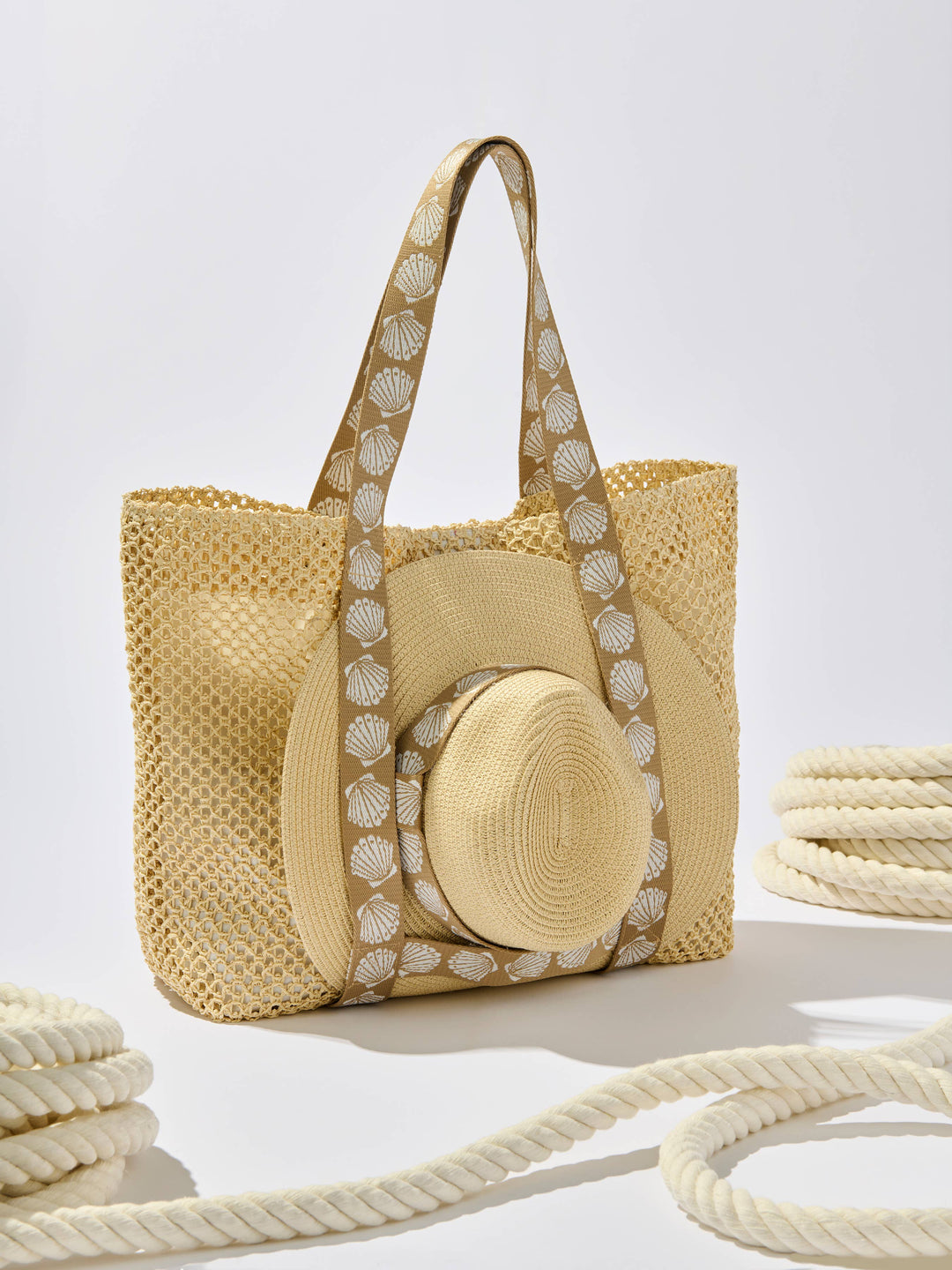 SHELLY TOTE AND HAT SET,TAN