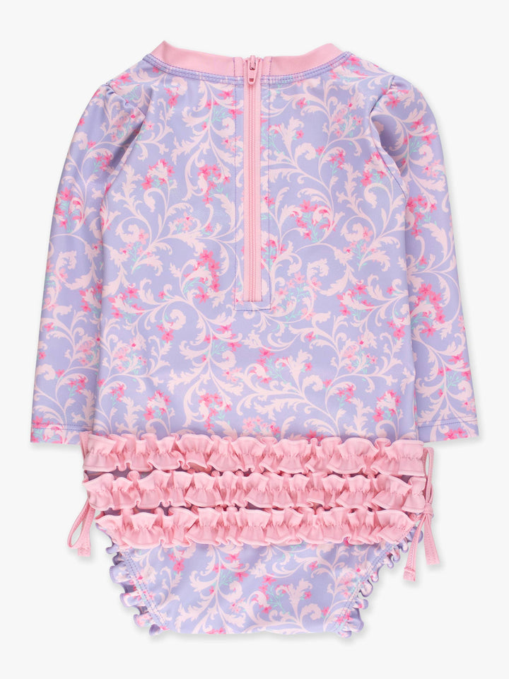 Baby Girls Lavender Floral Princess Long Sleeve One Piece Rash Guard Swimsuit with Signature Rear Ruffles: Purple