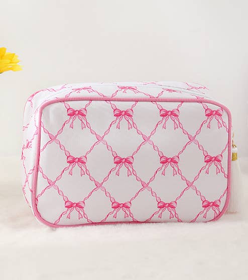 Color-Blocked Striped Pouch Bow Tassel Zipper Makeup Bag