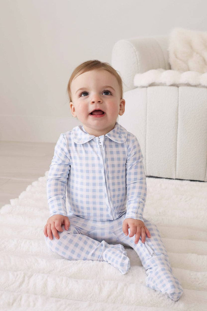 Peter Pan Collar Zipper Footie|Dusty Blue Gingham:6-12 months