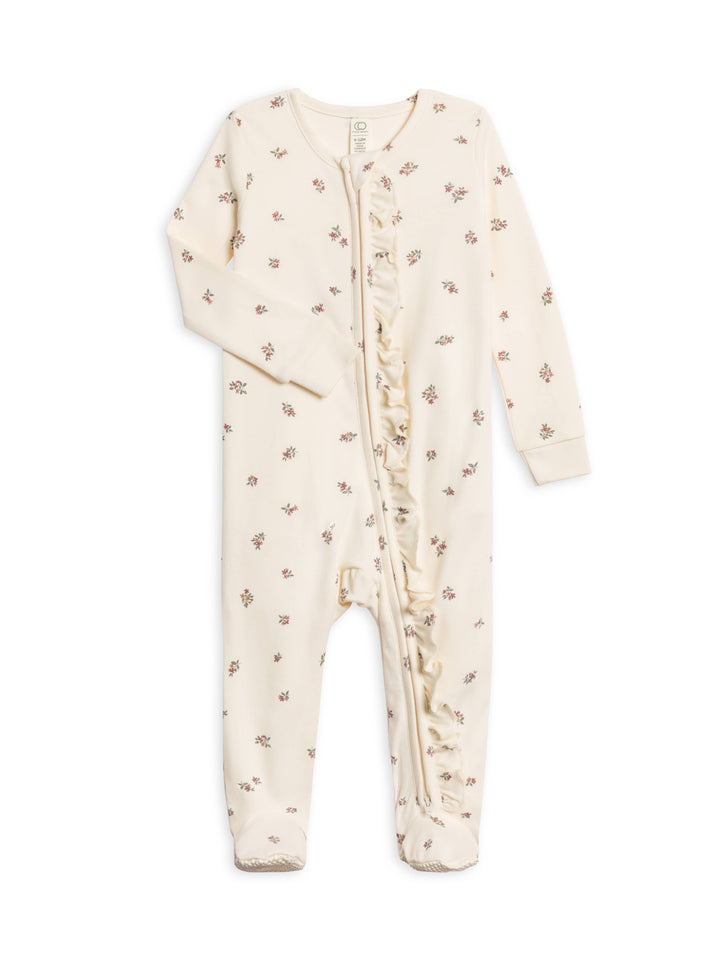 Neve Ruffle Zipper Footie: Hayden / Denim + Mist