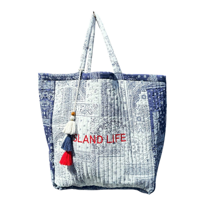 Saline Beach Tote Patchwork Bandana White Navy "Island Life"