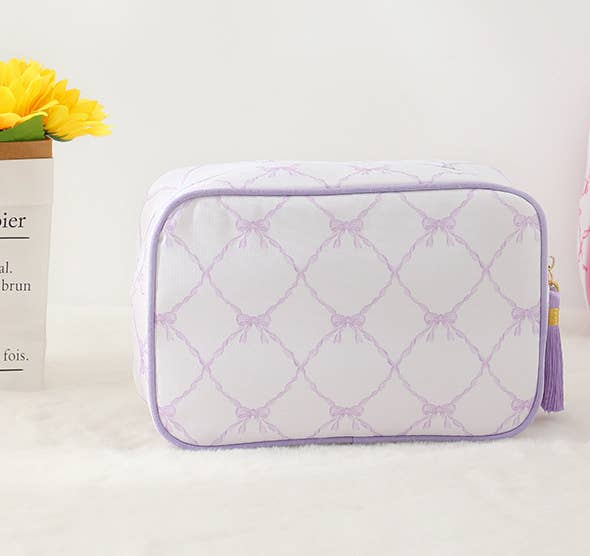 Color-Blocked Striped Pouch Bow Tassel Zipper Makeup Bag