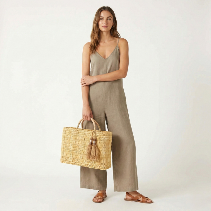 Marhaba Beige Tassel Basket: Medium