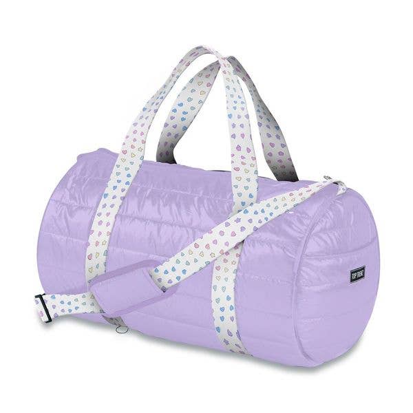 Purple Puffer Duffle with Rainbow Heart Strap