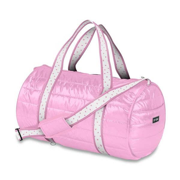 Pink Puffer Duffle Bag with Heart Stripe Strap