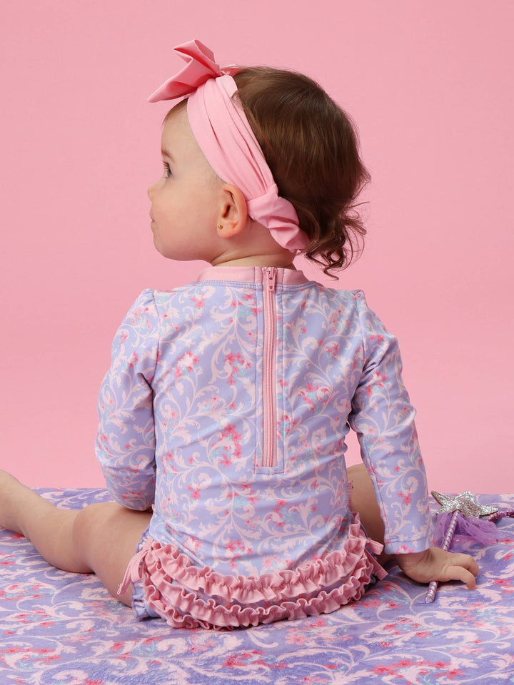 Baby Girls Lavender Floral Princess Long Sleeve One Piece Rash Guard Swimsuit with Signature Rear Ruffles: Purple