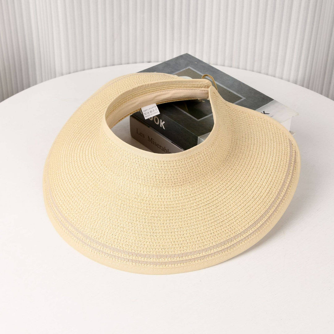 Foldable Striped Trim Wide Brim Straw Sun Visor