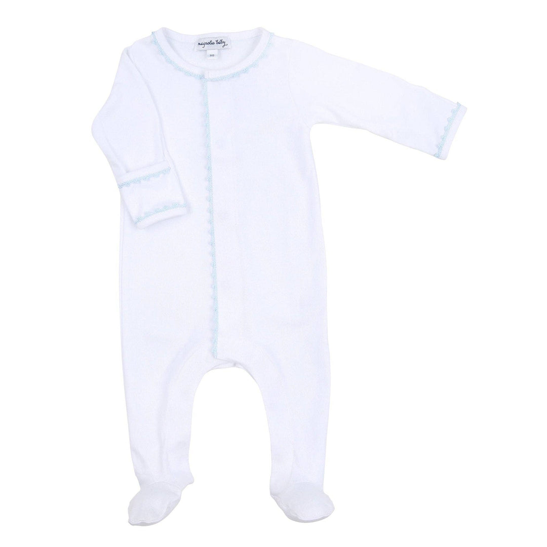 Baby Joy Footie with Blue Crochet Trim: 3 Months