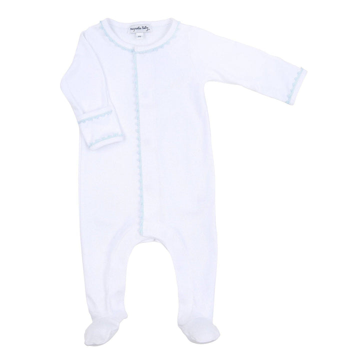 Baby Joy Footie with Blue Crochet Trim: 3 Months