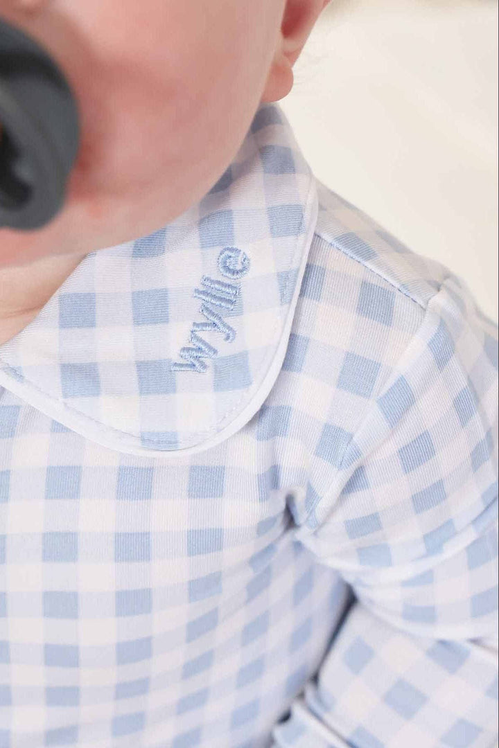 Peter Pan Collar Zipper Footie|Dusty Blue Gingham:6-12 months
