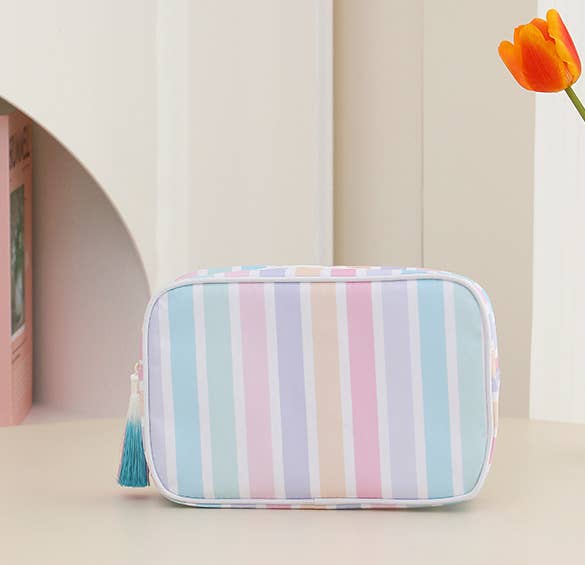 Color-Blocked Striped Pouch Bow Tassel Zipper Makeup Bag