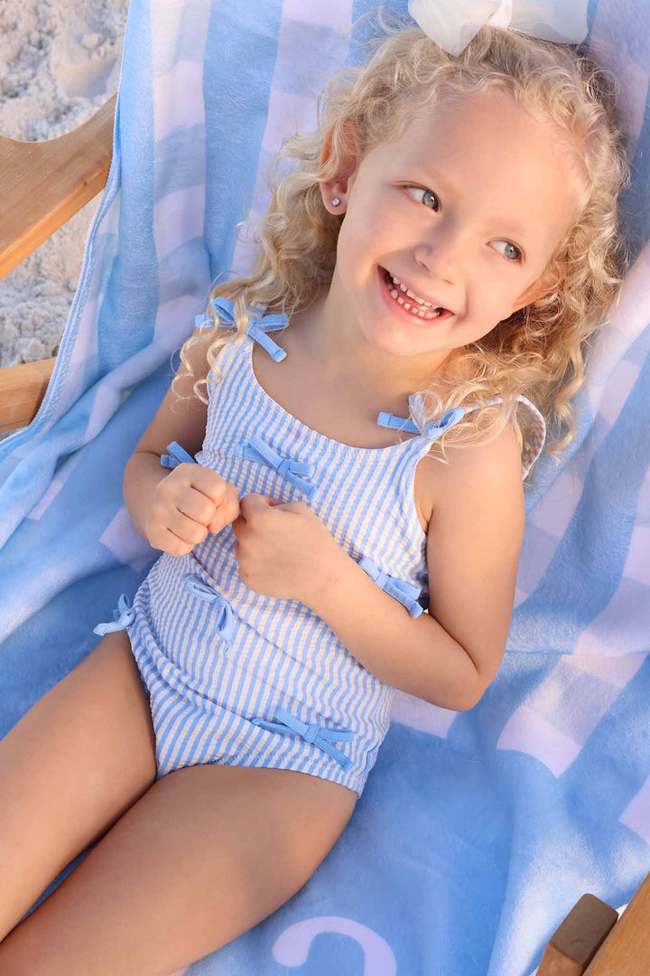 Tiny Bows One Piece | Seersucker Blue: 12-18 months