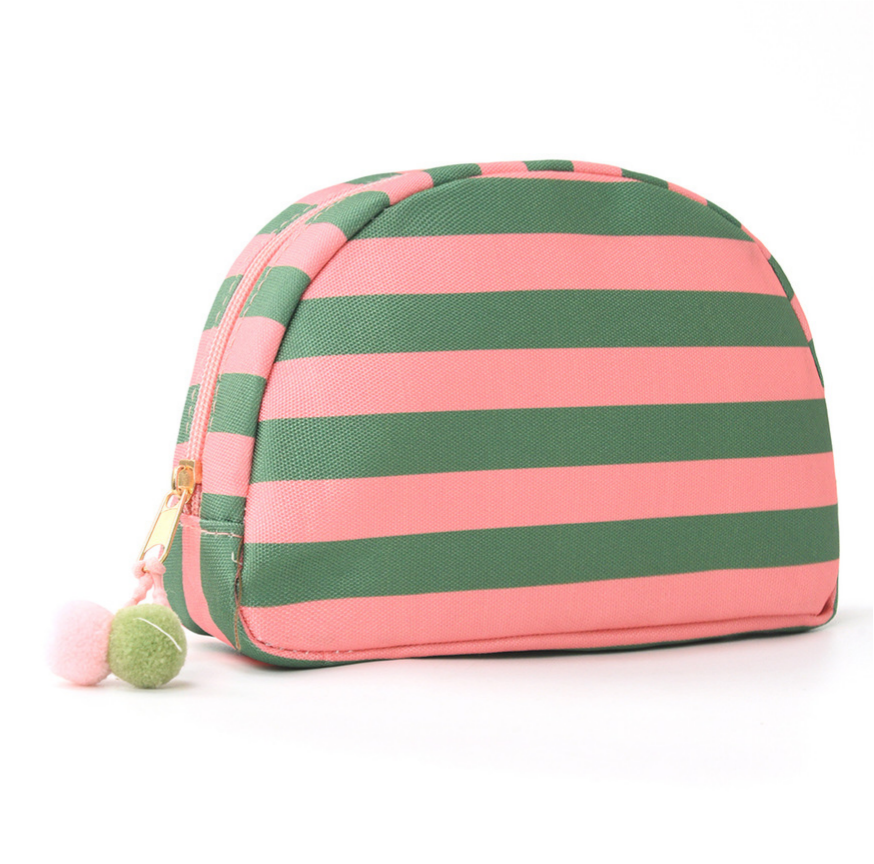 Pom Pom Zipper Pouch Color-block Striped Makeup Bag