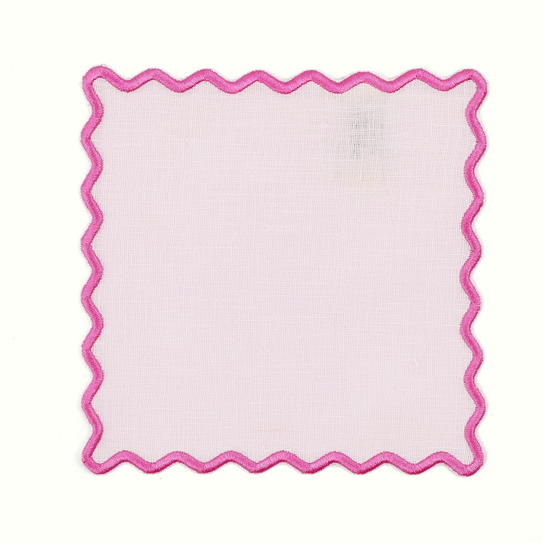 Scalloped Pink Linen Square Cocktail Napkins - Set of 4