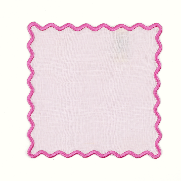 Scalloped Pink Linen Square Cocktail Napkins - Set of 4