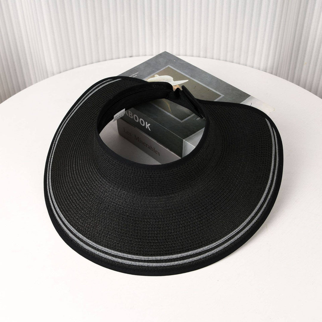 Foldable Striped Trim Wide Brim Straw Sun Visor