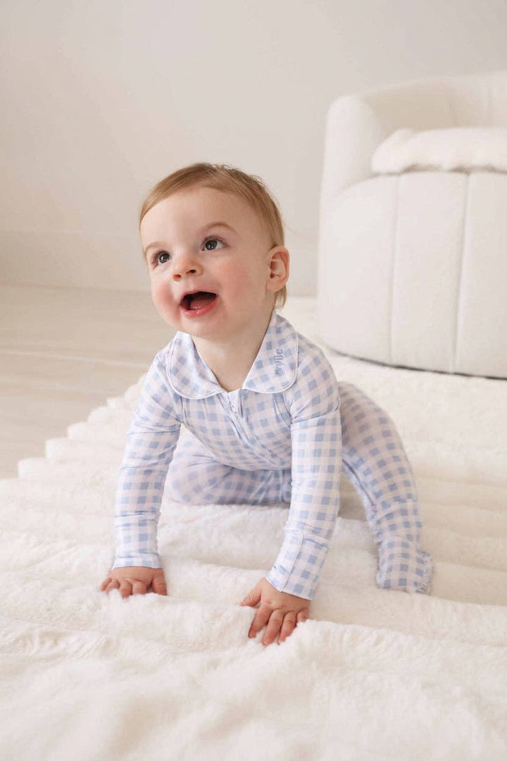 Peter Pan Collar Zipper Footie|Dusty Blue Gingham:6-12 months