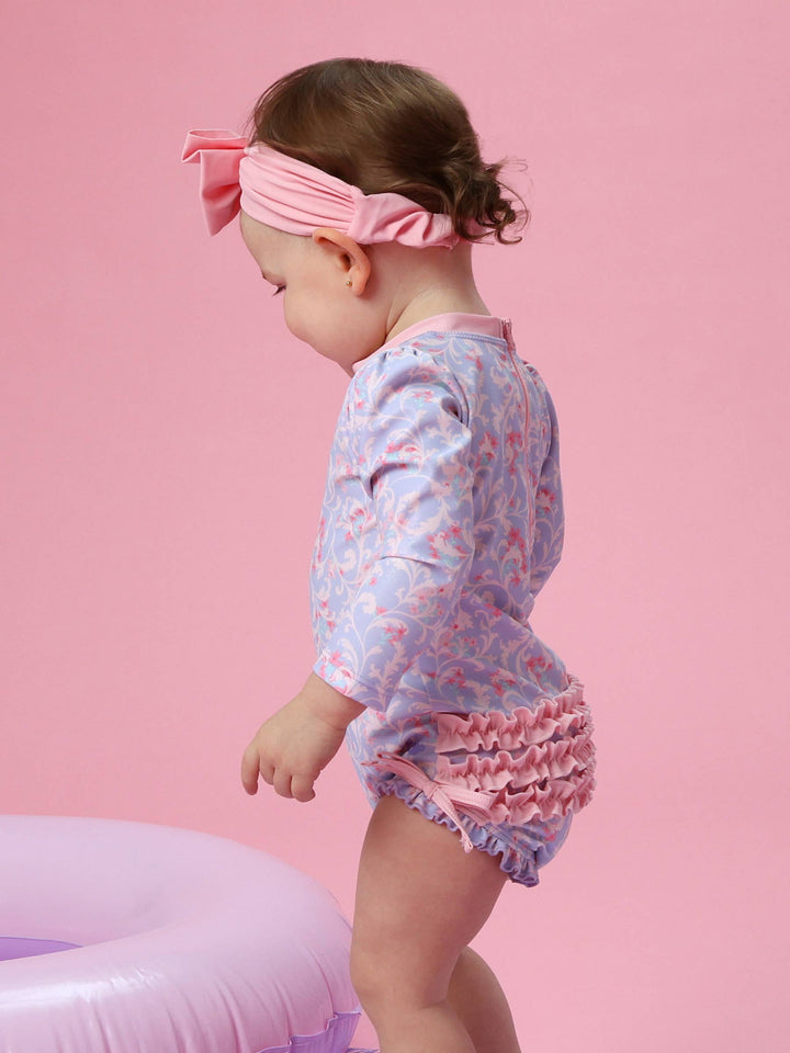 Baby Girls Lavender Floral Princess Long Sleeve One Piece Rash Guard Swimsuit with Signature Rear Ruffles: Purple