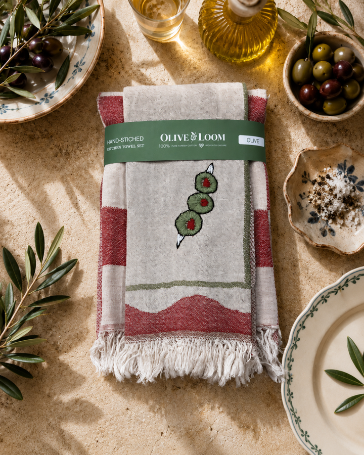 Olive Hand-Stitched Tea Towel Set