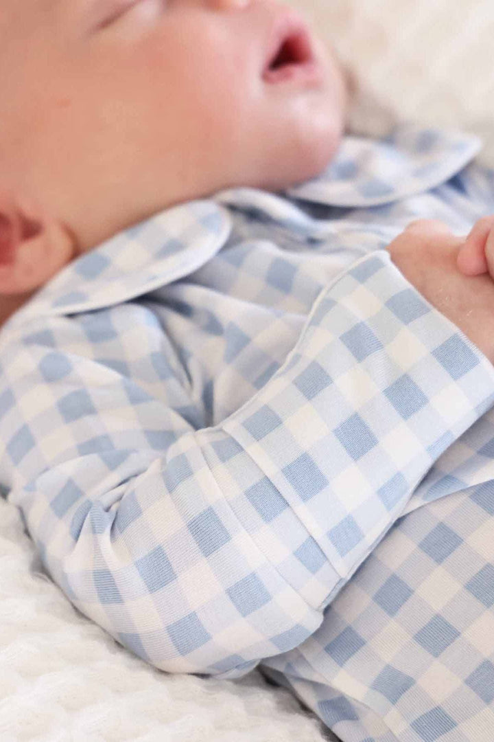 Peter Pan Collar Zipper Footie|Dusty Blue Gingham:6-12 months