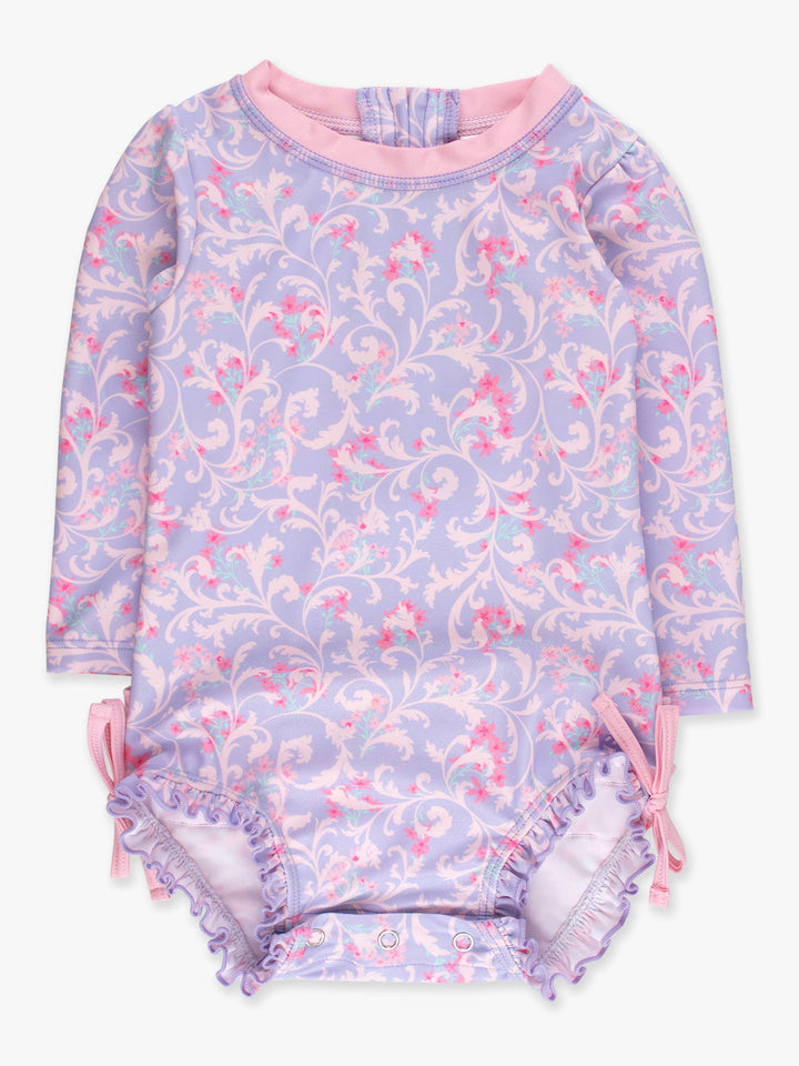 Baby Girls Lavender Floral Princess Long Sleeve One Piece Rash Guard Swimsuit with Signature Rear Ruffles: Purple