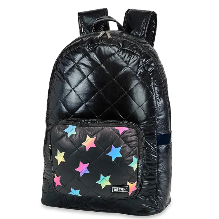 Black Diamond Stitch Puffer Backpack w/ Scatter Rainbow Star