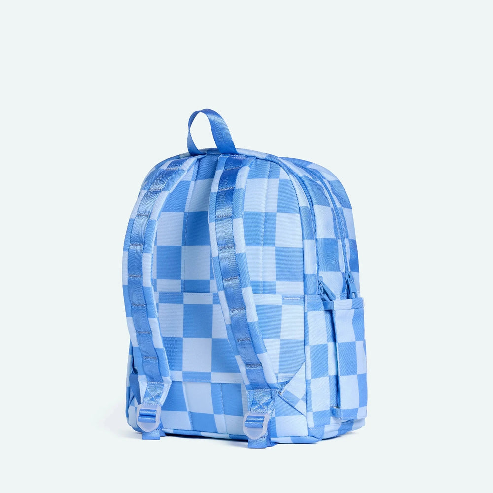 Blue checkered backpack with colorful decorative elements