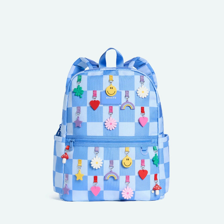 Blue checkered backpack with colorful decorative elements