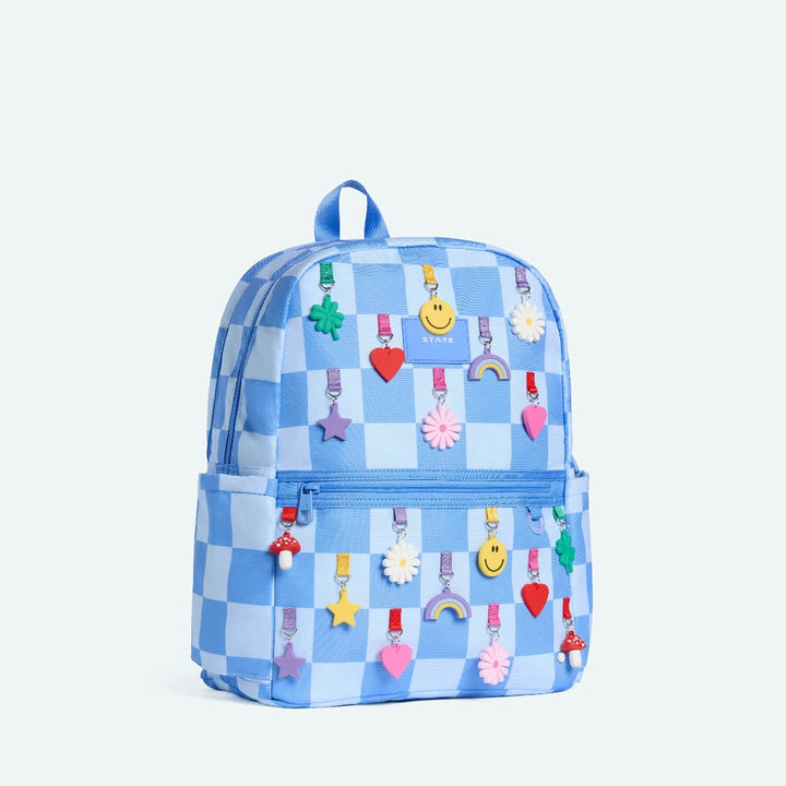 Blue checkered backpack with colorful decorative elements