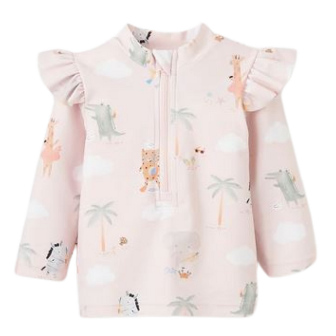 Pale Pink Flutter Sleeve Seaside Safari Baby Rash Guard by Elegant Baby
