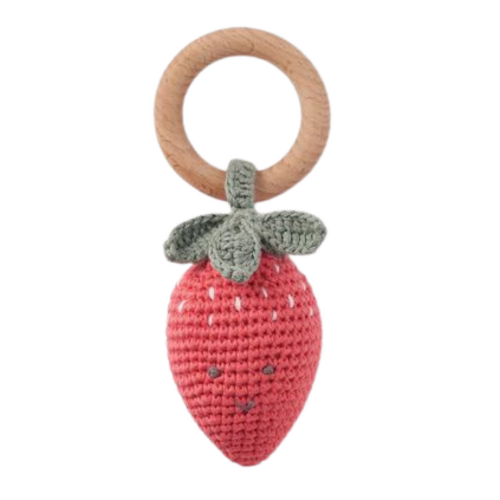 Scarlett the Strawberry Hand-Crocheted Wood Ring Rattle by Elegant Baby