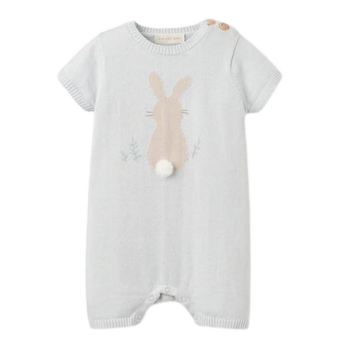 Pale Blue Bunny Knit Shortall Romper by Elegant Baby