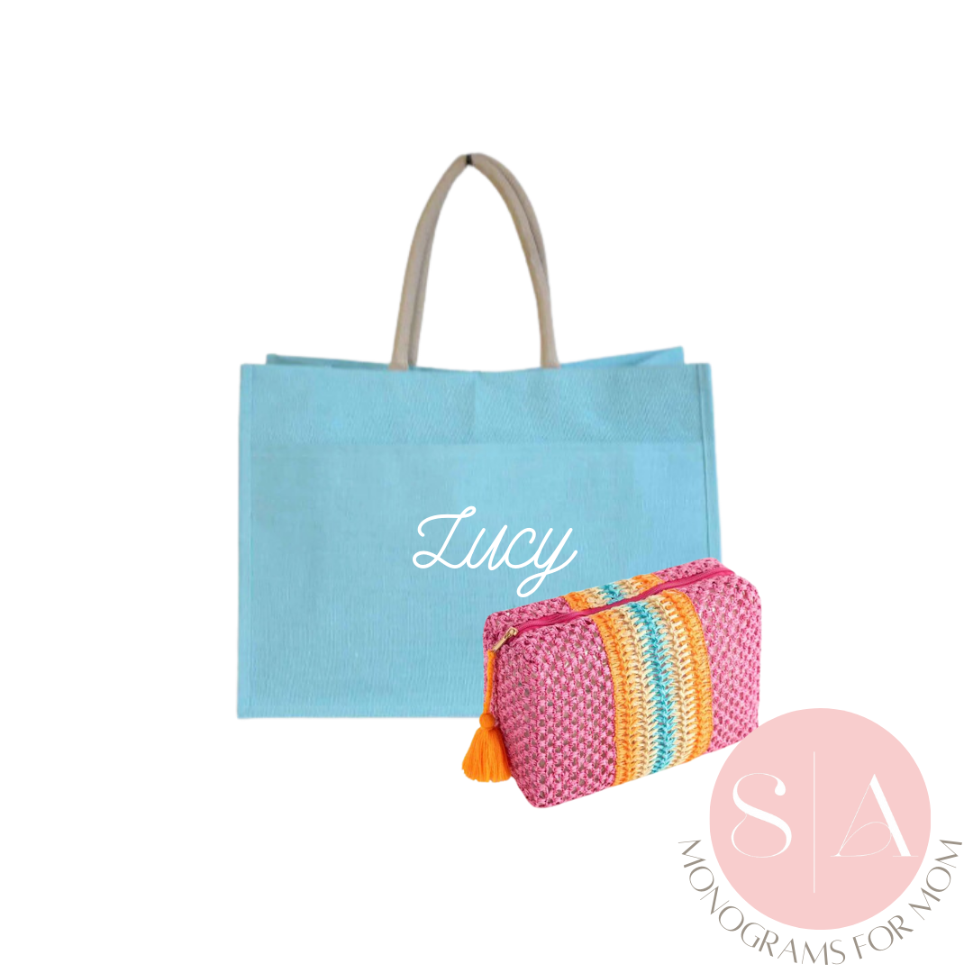 Jute Tote and Zip Pouch Deluxe Set Monograms for Moms Collection