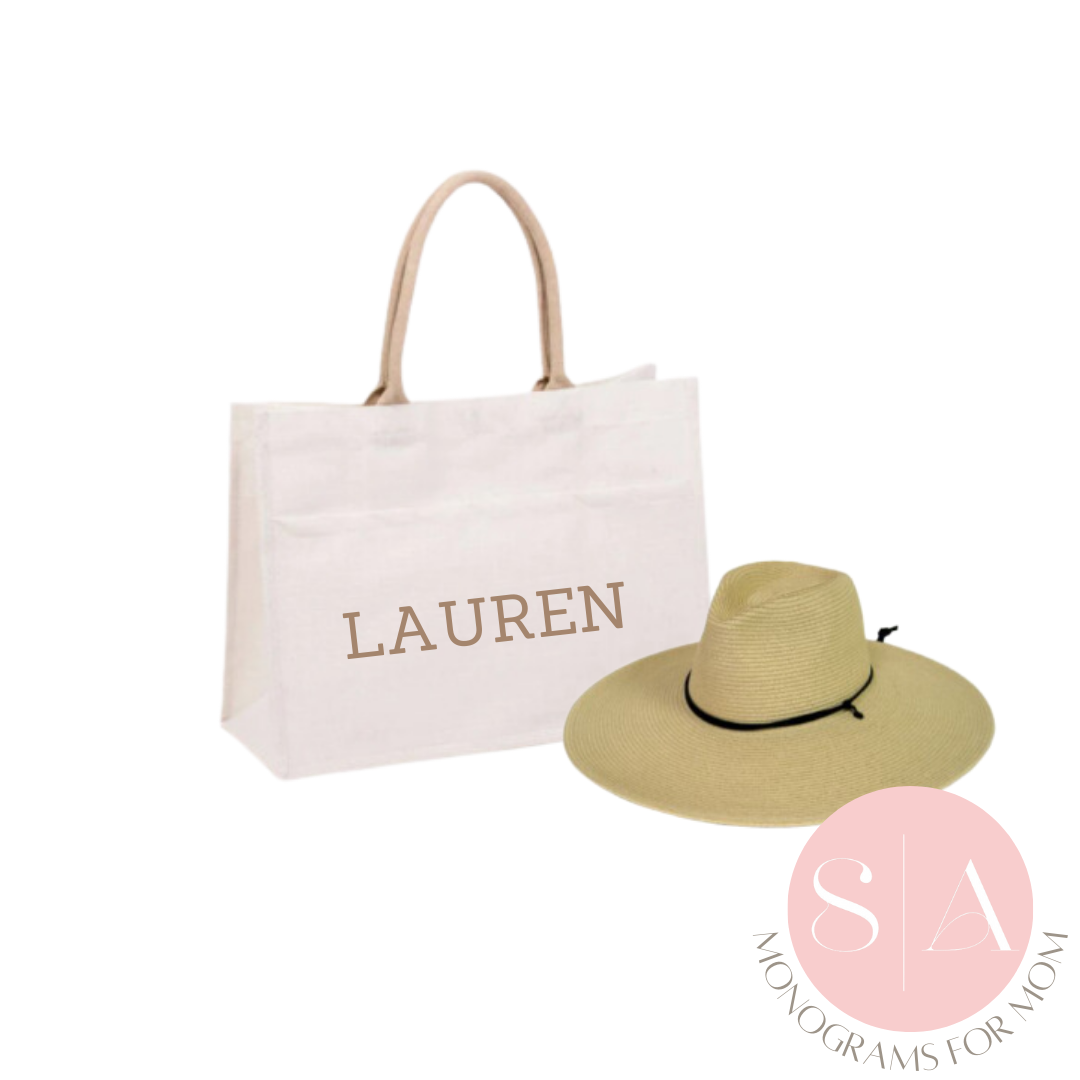 Jute Tote and Resort Hat Set  Monogram for Moms Collection
