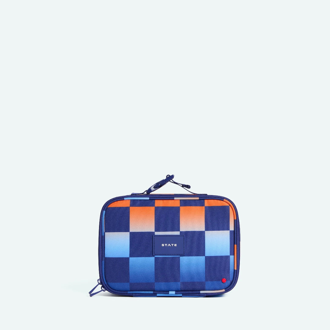 Checkered lunch bag with blue and orange pattern