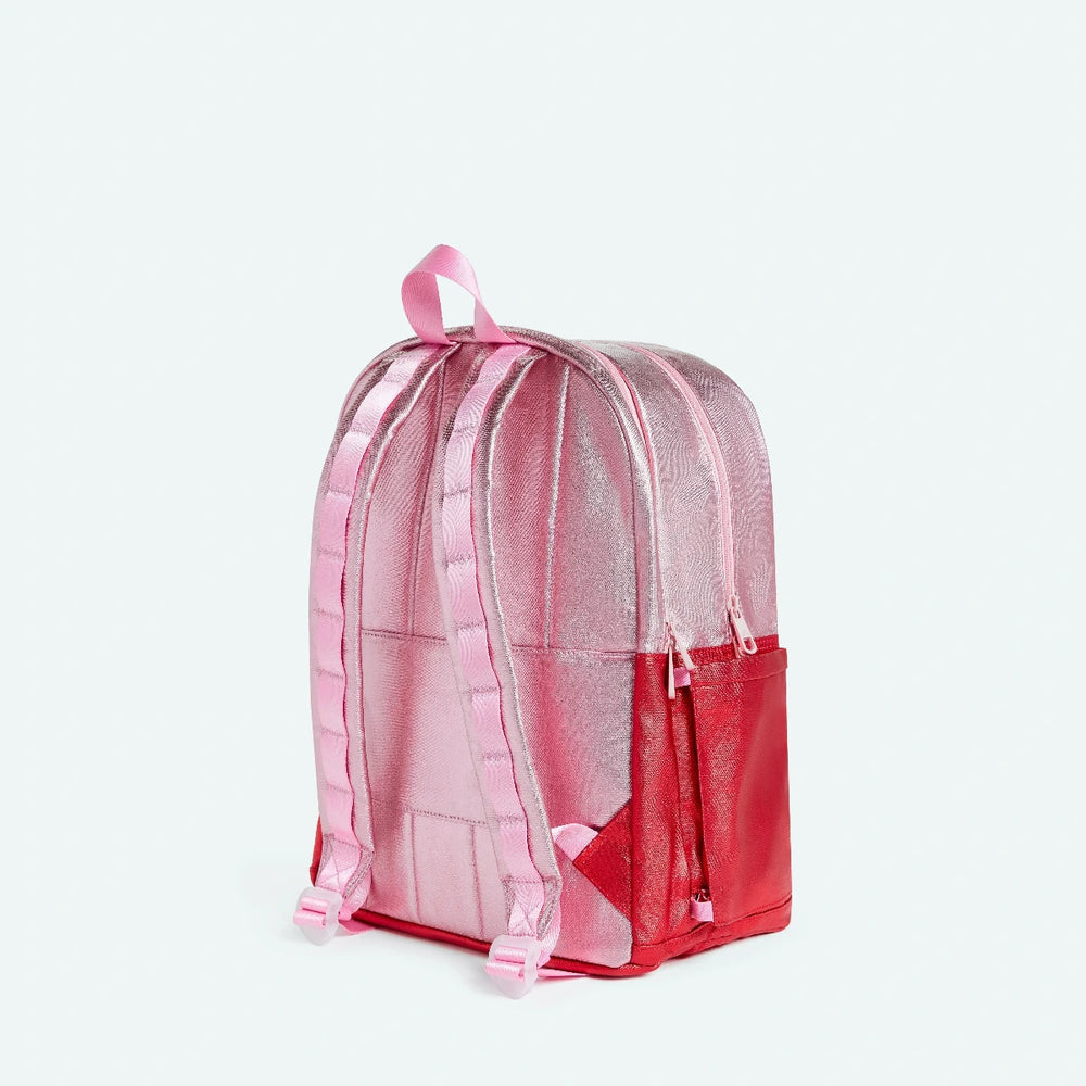 Pink and red backpack with a heart design