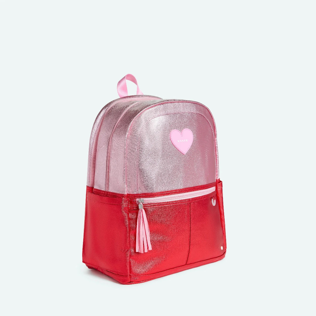 Pink and red backpack with a heart design