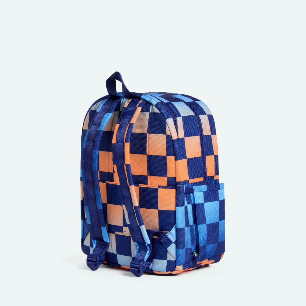 Blue and orange checkered backpack