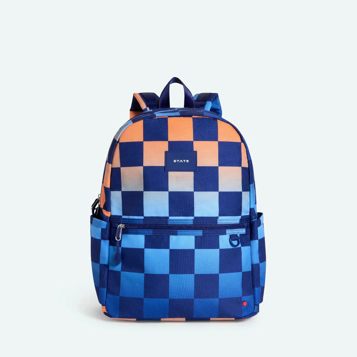 Blue and orange checkered backpack